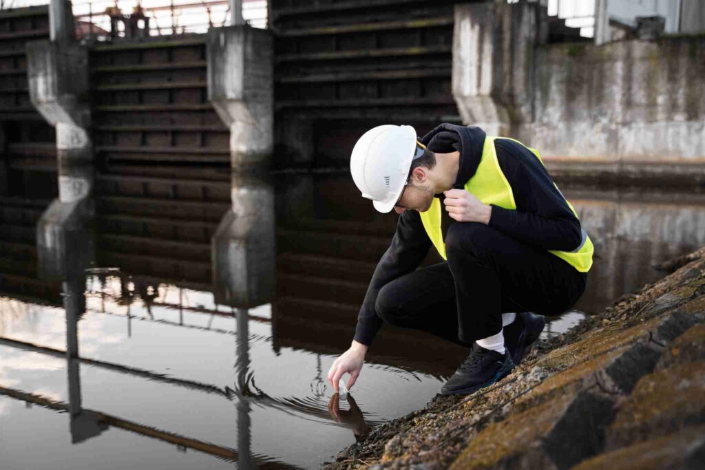 Engenheiro Ambiental tirando amostra da água